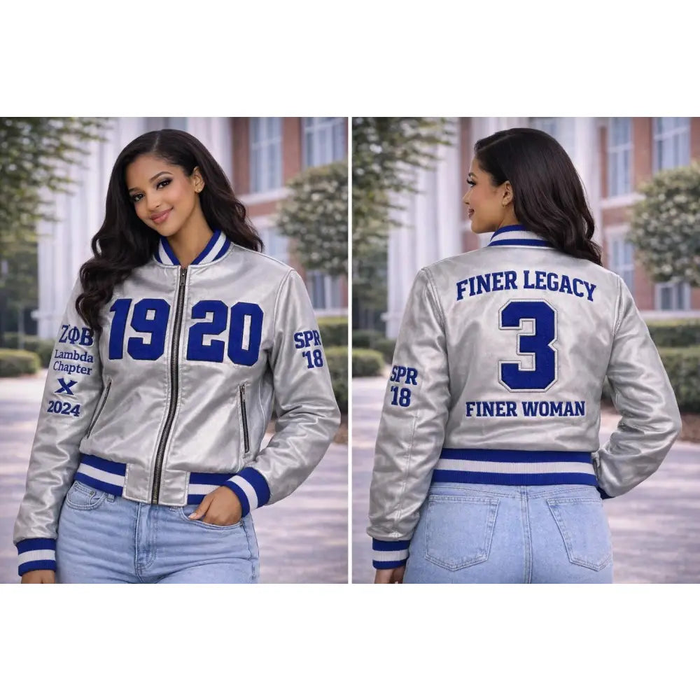 Custom Custom Custom Zeta Phi Beta Silver  1920 satin Bomber Jacket Personalized Jacket with Line Name Number & Year, Finer Woman Discount for Chapters | Custom D9 personalized Greek apparel design