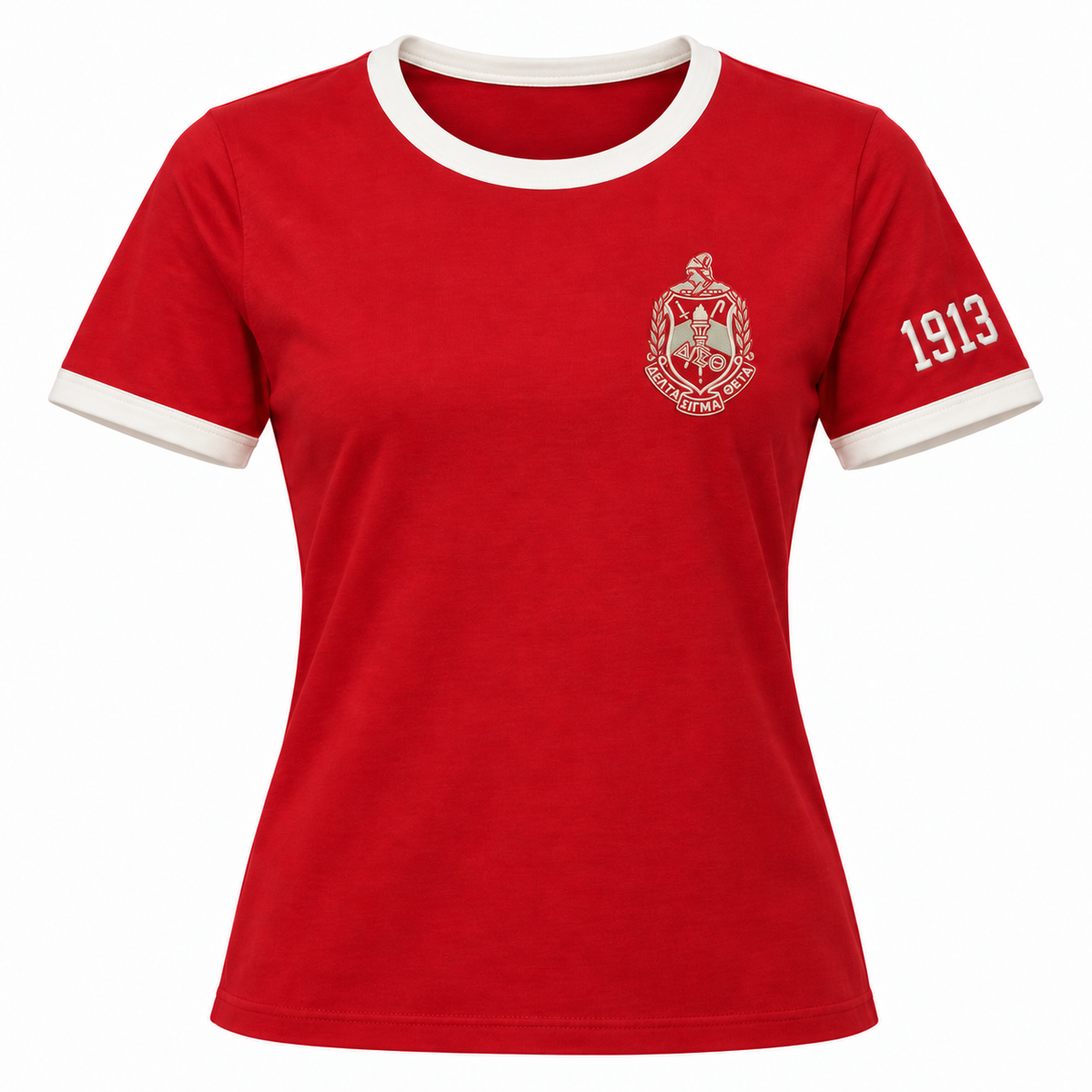 Delta Sigma Theta Custom Embroidered Ringer T-Shirt – Red & Cream — full front embroidery sample