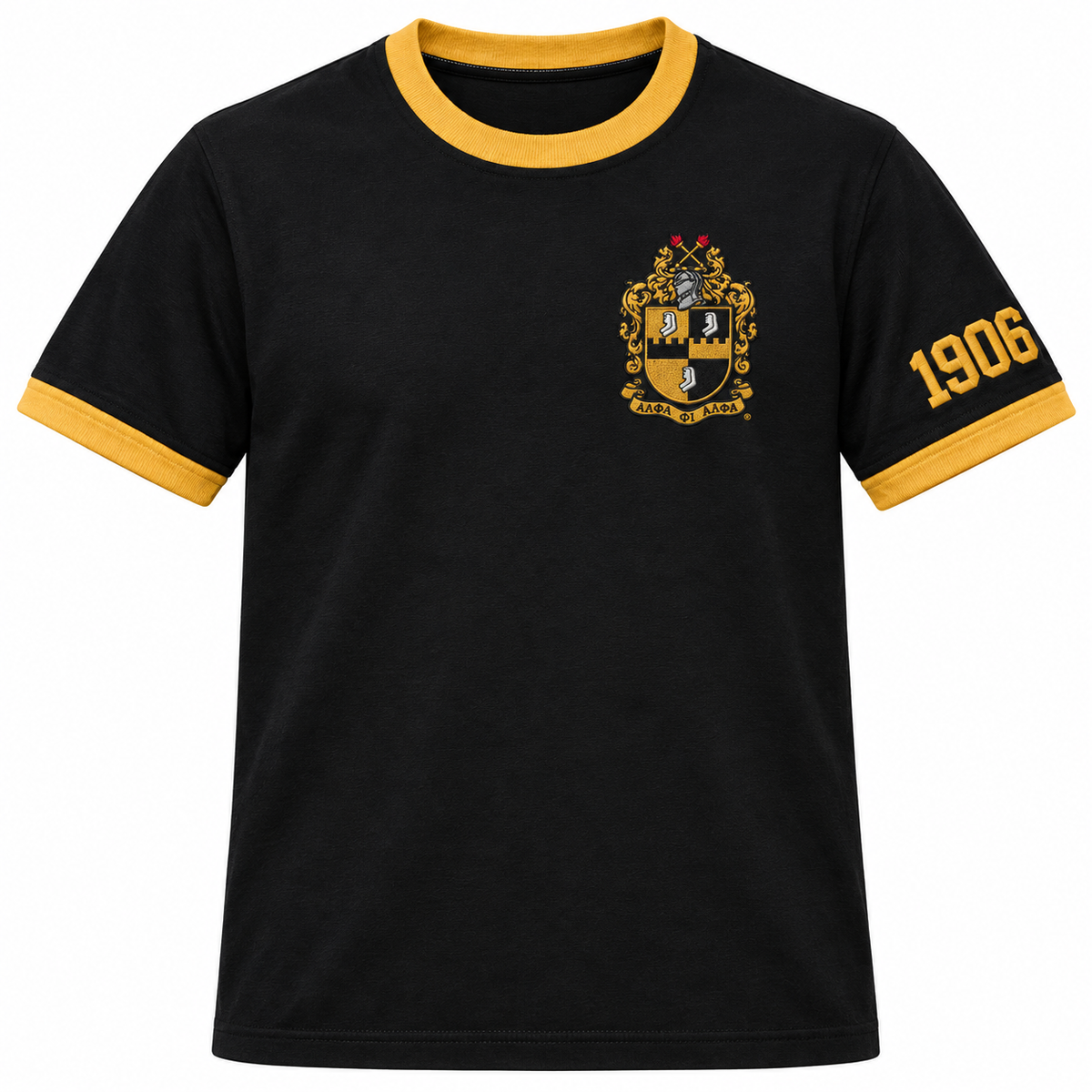 Alpha Phi Alpha Custom Embroidered Ringer T-Shirt – Black & Old Gold — full front embroidery sample