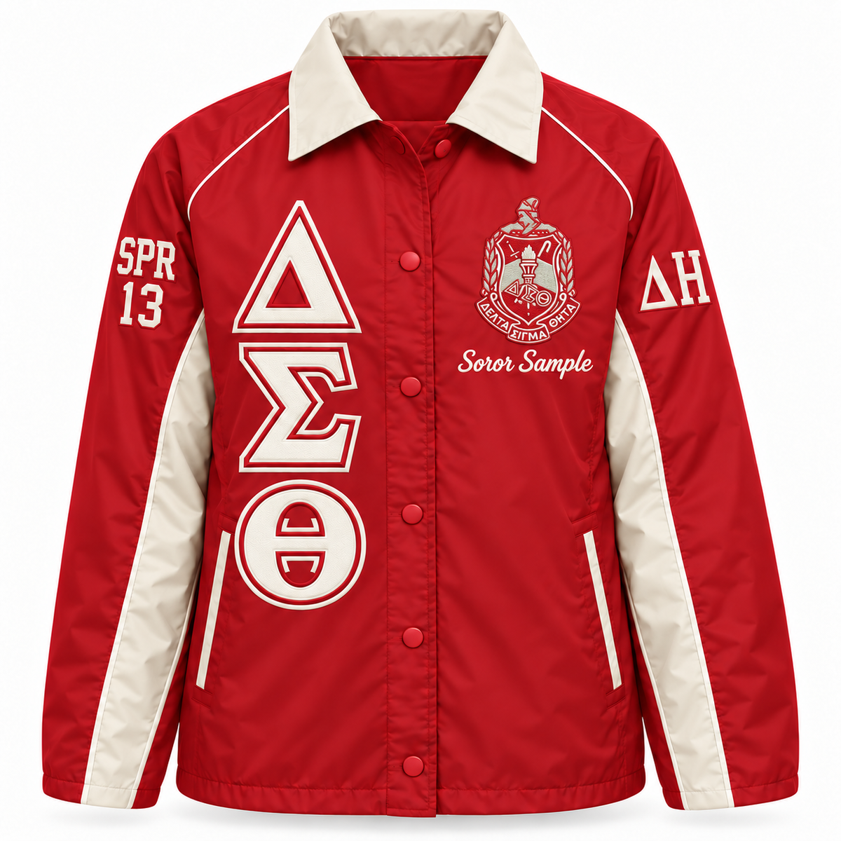 Delta Sigma Theta Custom Embroidered Line Jacket | Crimson & Cream — full front embroidery sample