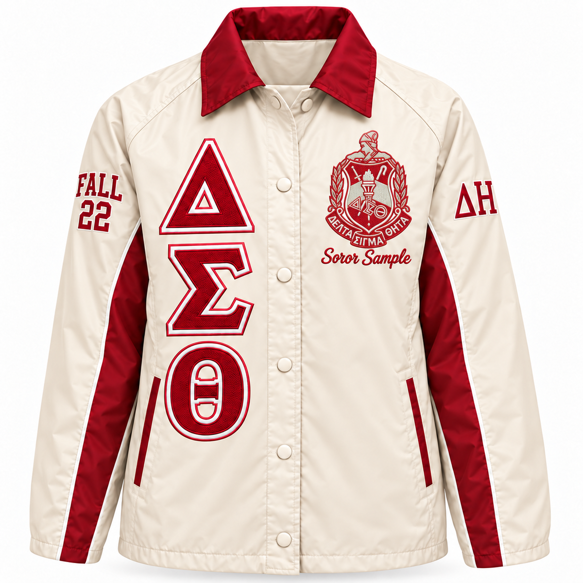 Delta Sigma Theta Custom Embroidered Line Jacket | Cream & Crimson — full front embroidery sample