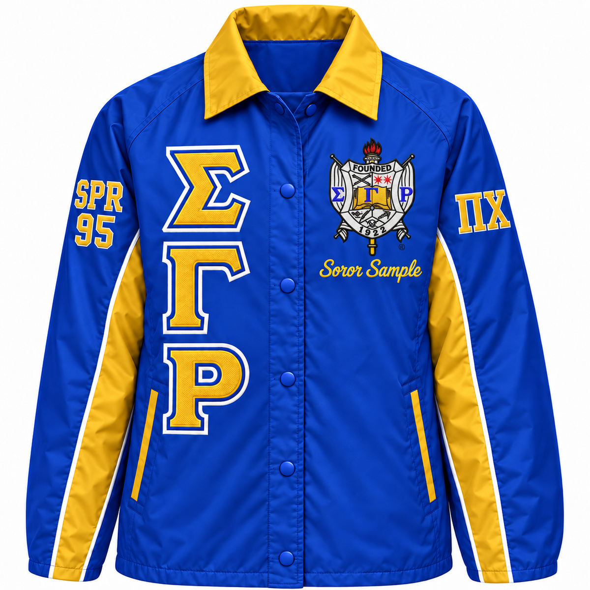 Sigma Gamma Rho Custom Embroidered Line Jacket | Royal Blue & Gold — full front embroidery sample