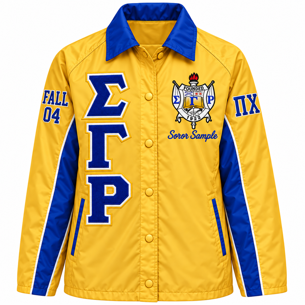 Sigma Gamma Rho Custom Embroidered Line Jacket | Gold & Royal Blue — full front embroidery sample