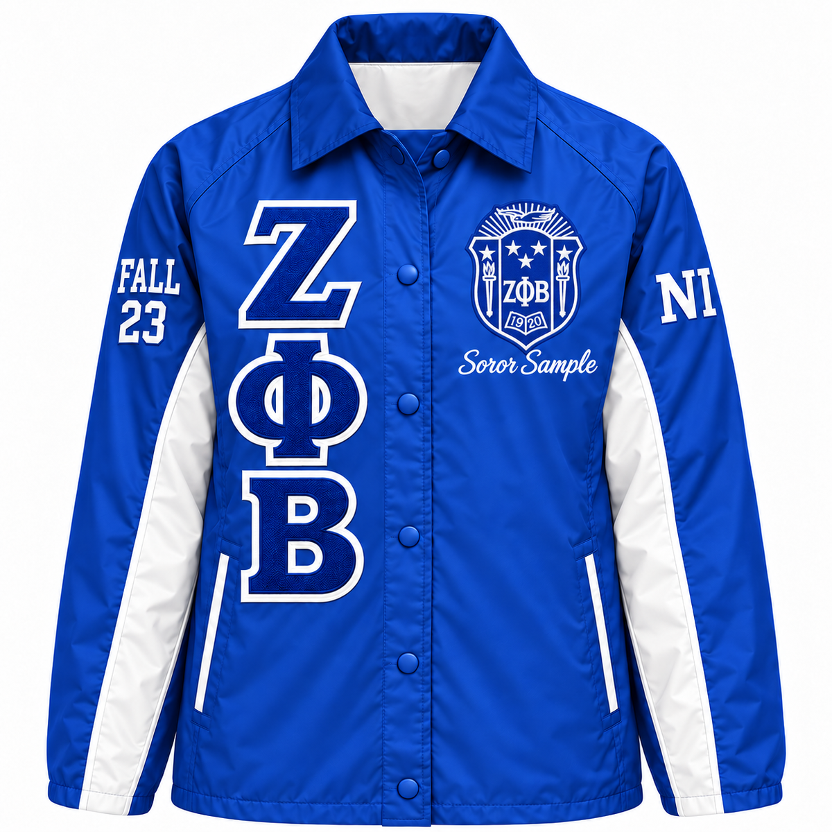 Zeta Phi Beta Custom Embroidered Line Jacket | Royal Blue & White — full front embroidery sample