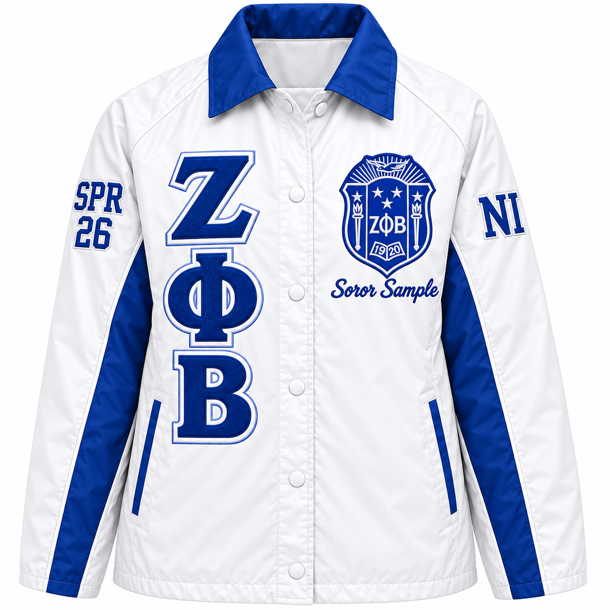 Zeta Phi Beta Custom Embroidered Line Jacket | White & Royal Blue — full front embroidery sample
