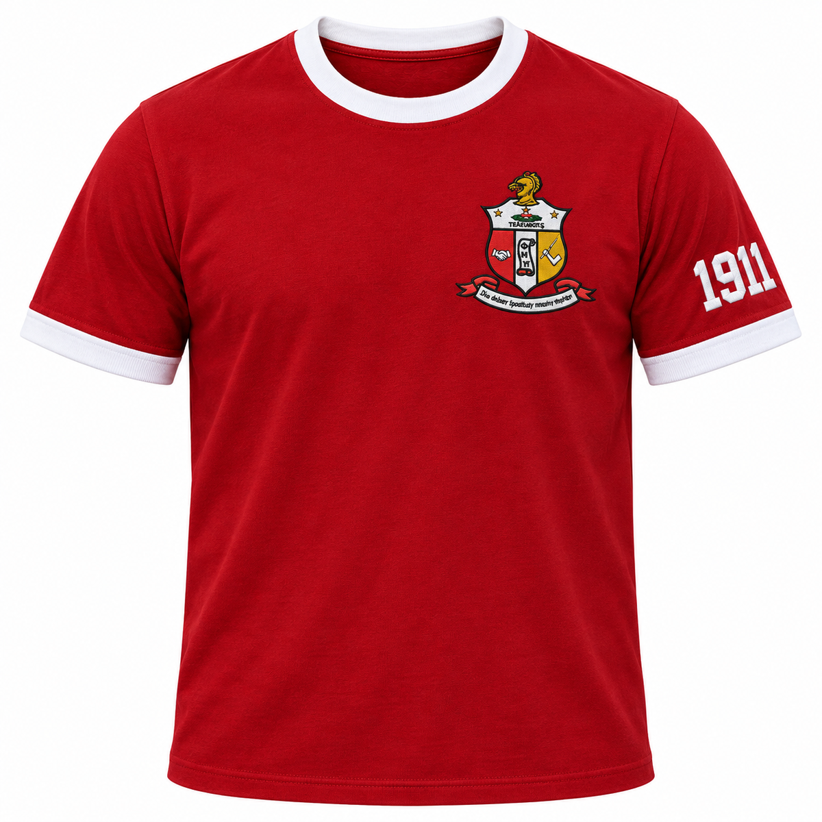 Kappa Alpha Psi Custom Embroidered Ringer T-Shirt – Crimson & White — full front embroidery sample