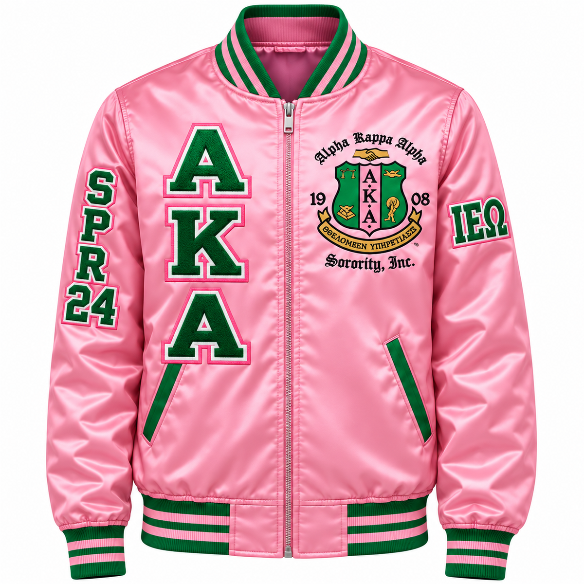 Alpha Kappa Alpha Custom Embroidered Satin Bomber Jacket | Pink & Green — full front embroidery sample