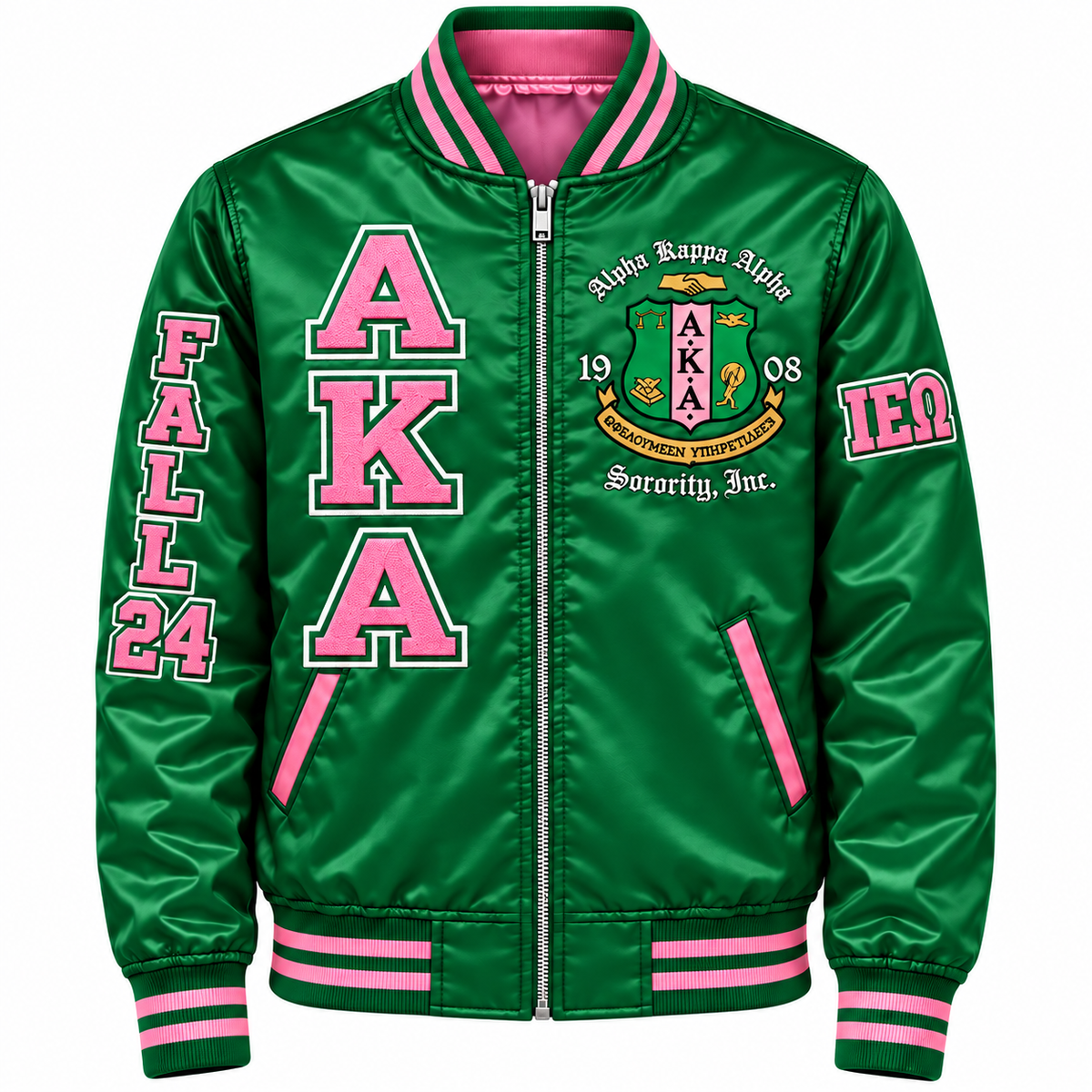 Alpha Kappa Alpha Custom Embroidered Satin Bomber Jacket | Green & Pink — full front embroidery sample