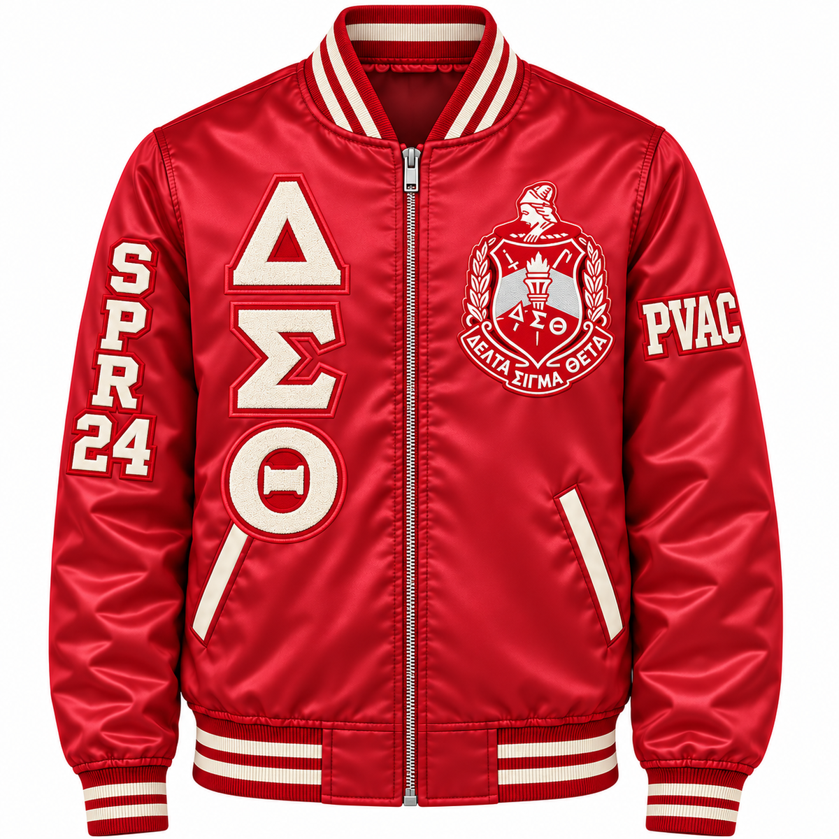 Delta Sigma Theta Custom Embroidered Satin Bomber Jacket | Red & Cream — full front embroidery sample