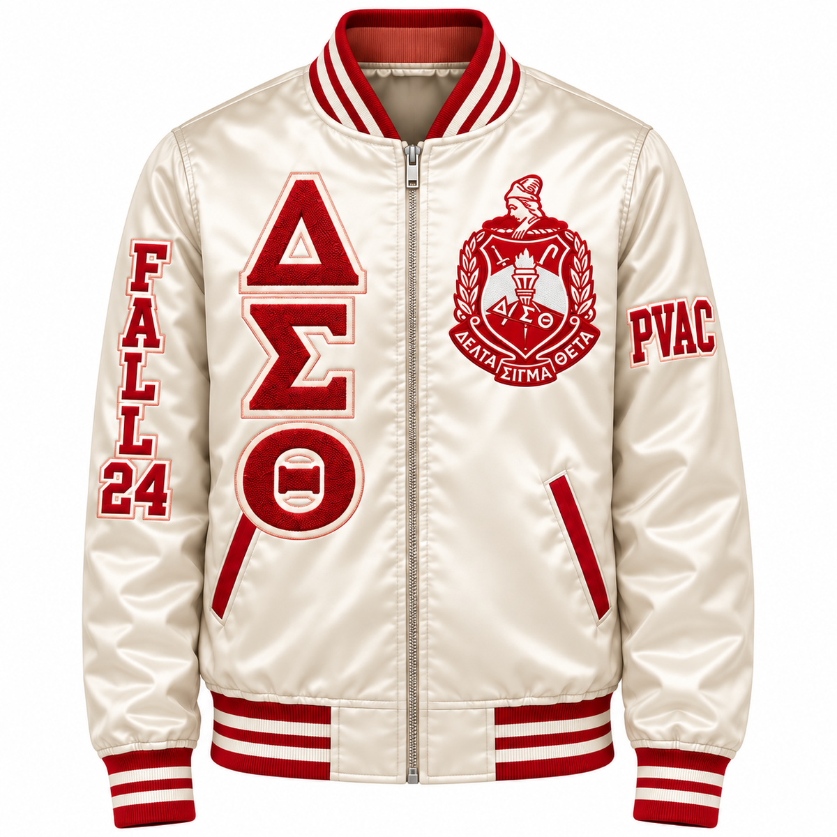 Delta Sigma Theta Custom Embroidered Satin Bomber Jacket | Cream & Red — full front embroidery sample