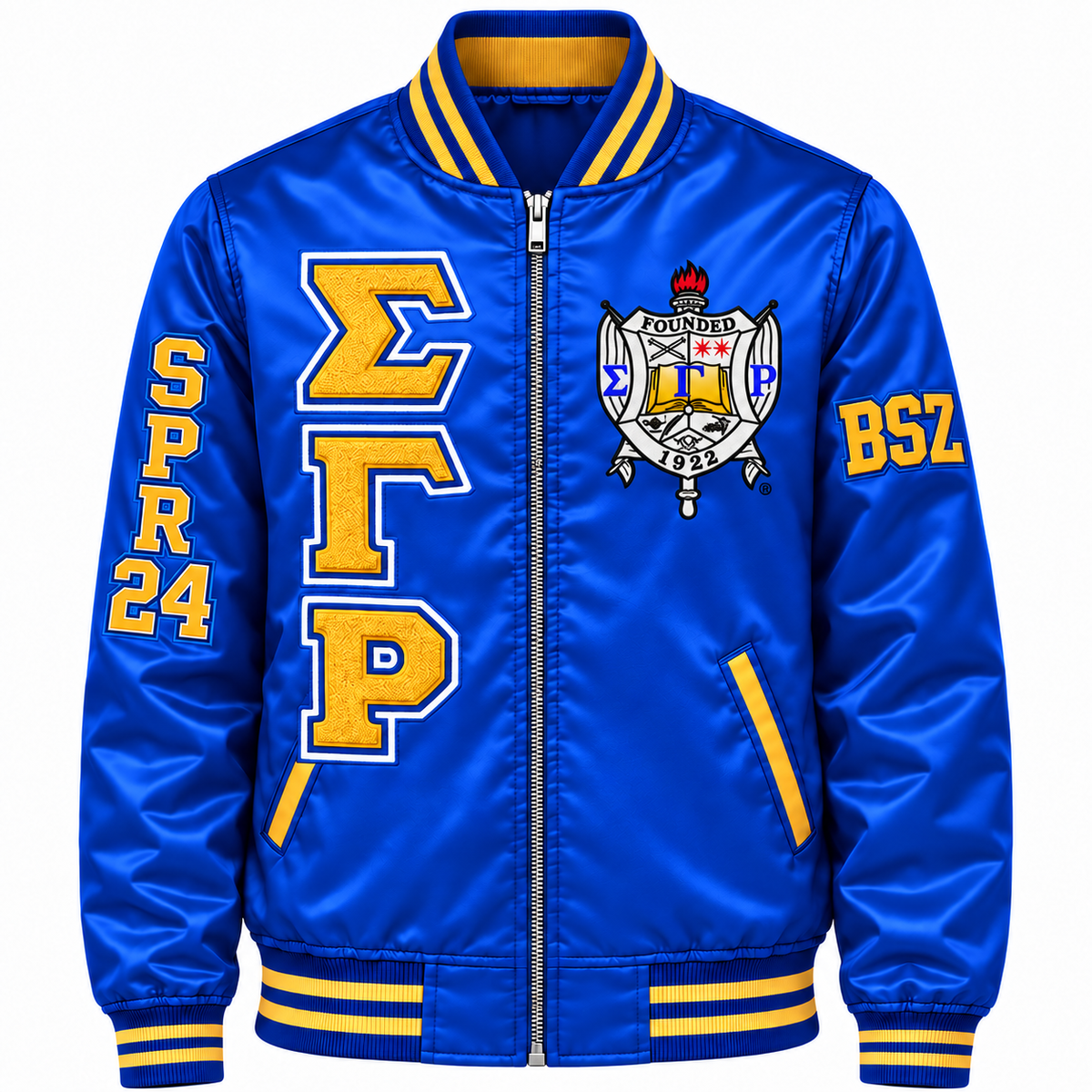 Sigma Gamma Rho Custom Embroidered Satin Bomber Jacket | Royal Blue & Gold — full front embroidery sample