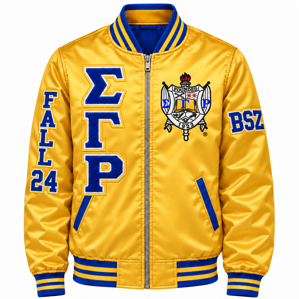 Sigma Gamma Rho Custom Embroidered Satin Bomber Jacket | Gold & Royal Blue — full front embroidery sample