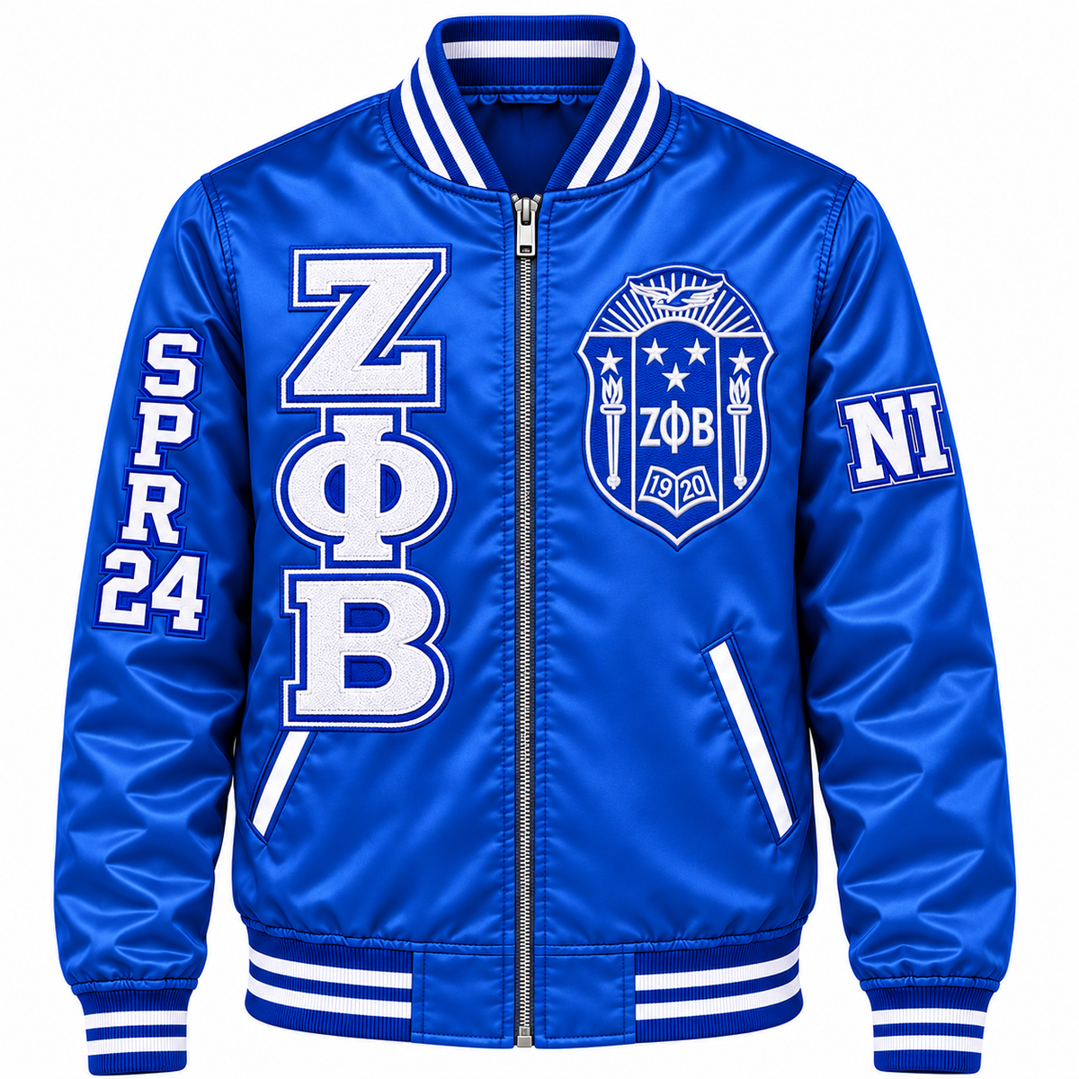 Zeta Phi Beta Custom Embroidered Satin Bomber Jacket | Royal Blue & White — full front embroidery sample