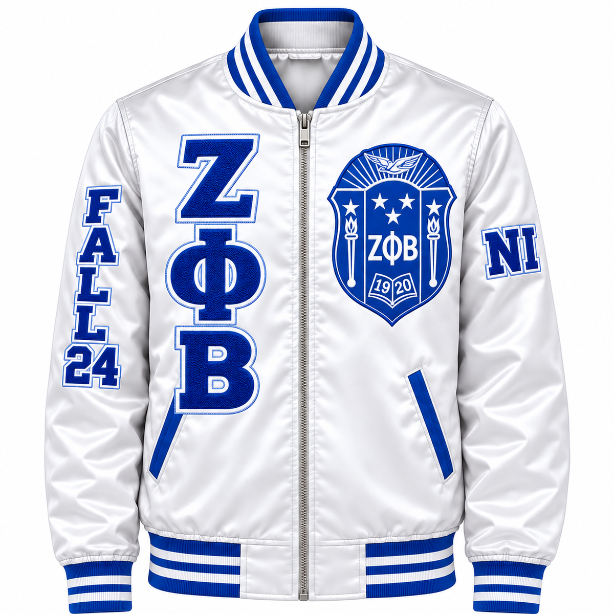 Zeta Phi Beta Custom Embroidered Satin Bomber Jacket | White & Royal Blue — full front embroidery sample