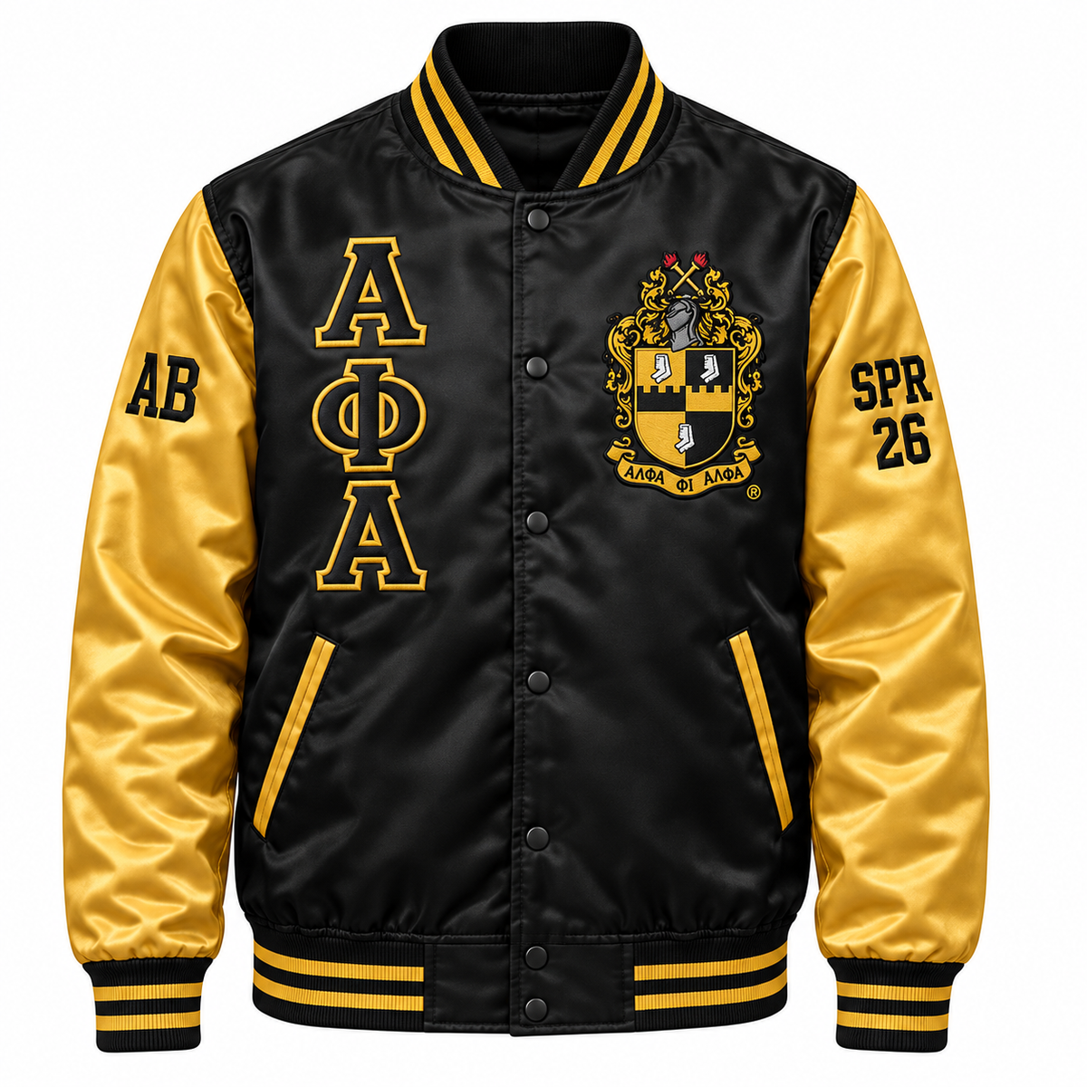 Alpha Phi Alpha Custom Embroidered Satin Bomber Jacket | Black & Gold — full front embroidery sample
