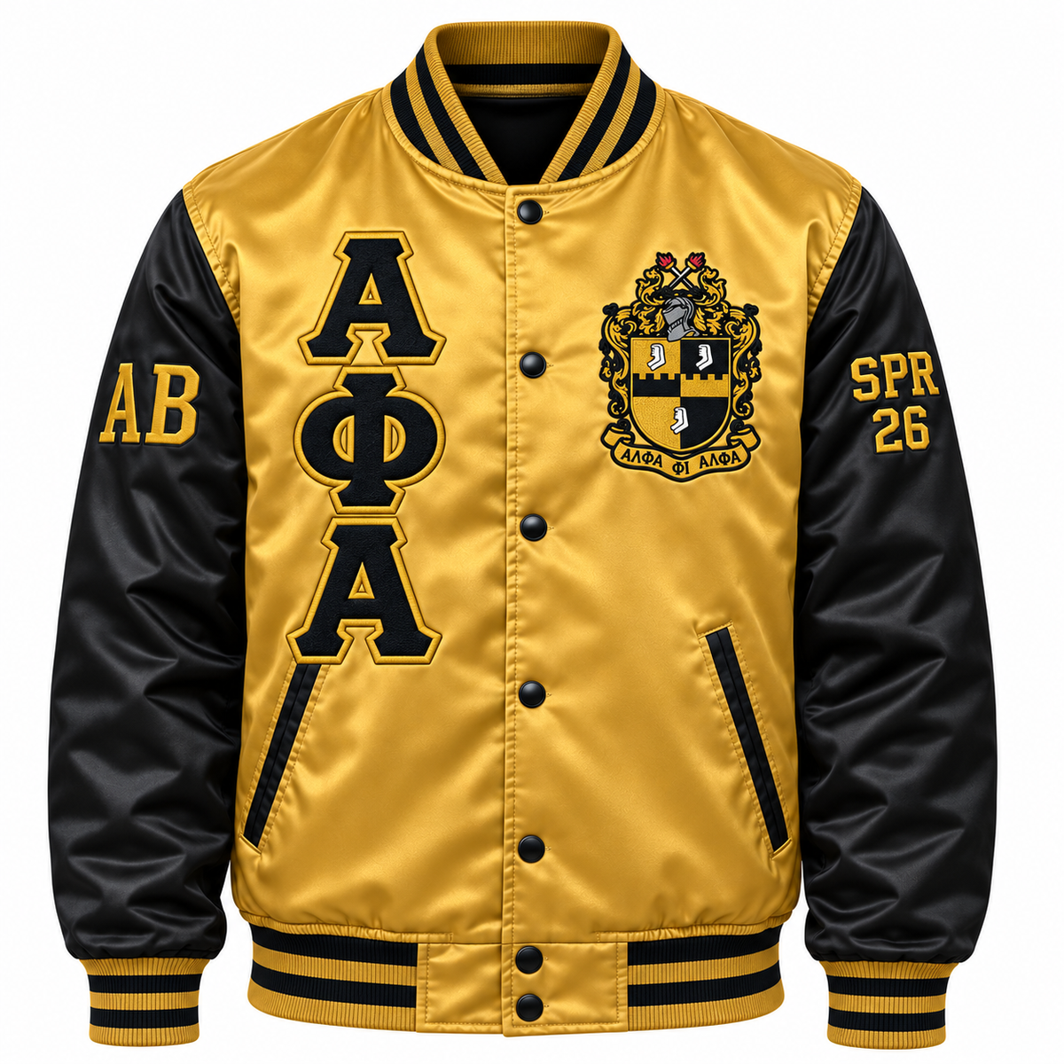 Alpha Phi Alpha Custom Embroidered Satin Bomber Jacket | Gold & Black — full front embroidery sample