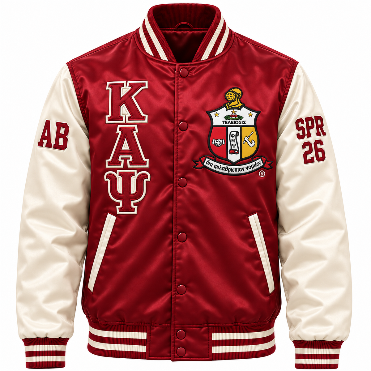 Kappa Alpha Psi Custom Embroidered Satin Bomber Jacket | Crimson & Cream — full front embroidery sample