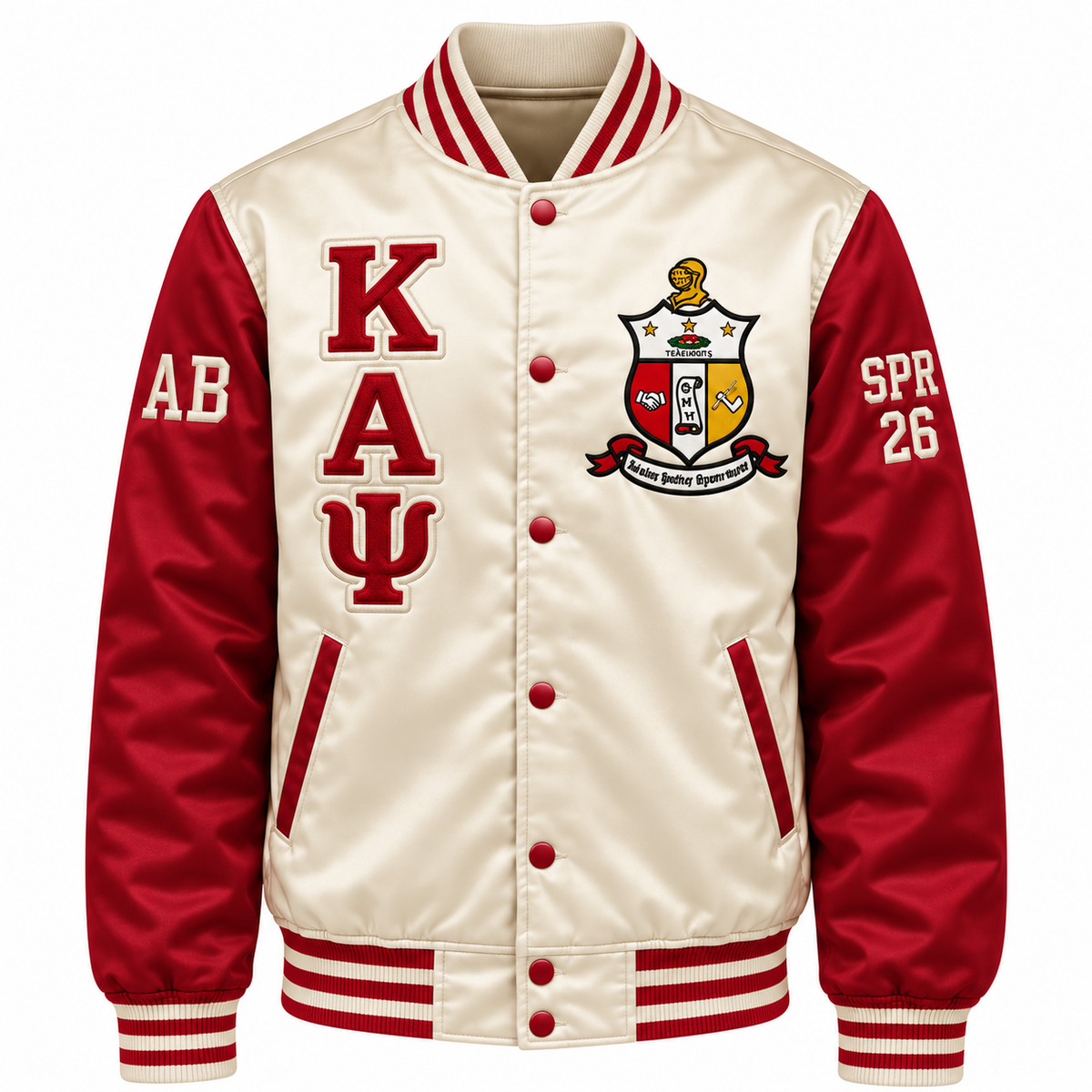 Kappa Alpha Psi Custom Embroidered Satin Bomber Jacket | Cream & Crimson — full front embroidery sample