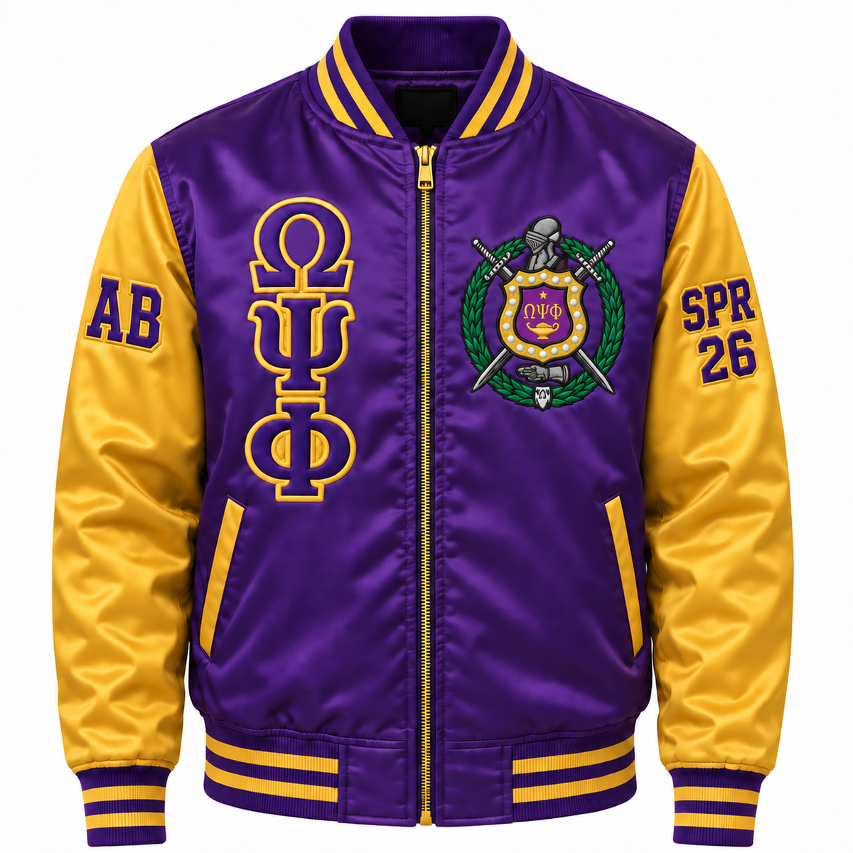 Omega Psi Phi Custom Embroidered Satin Bomber Jacket | Purple & Gold — full front embroidery sample