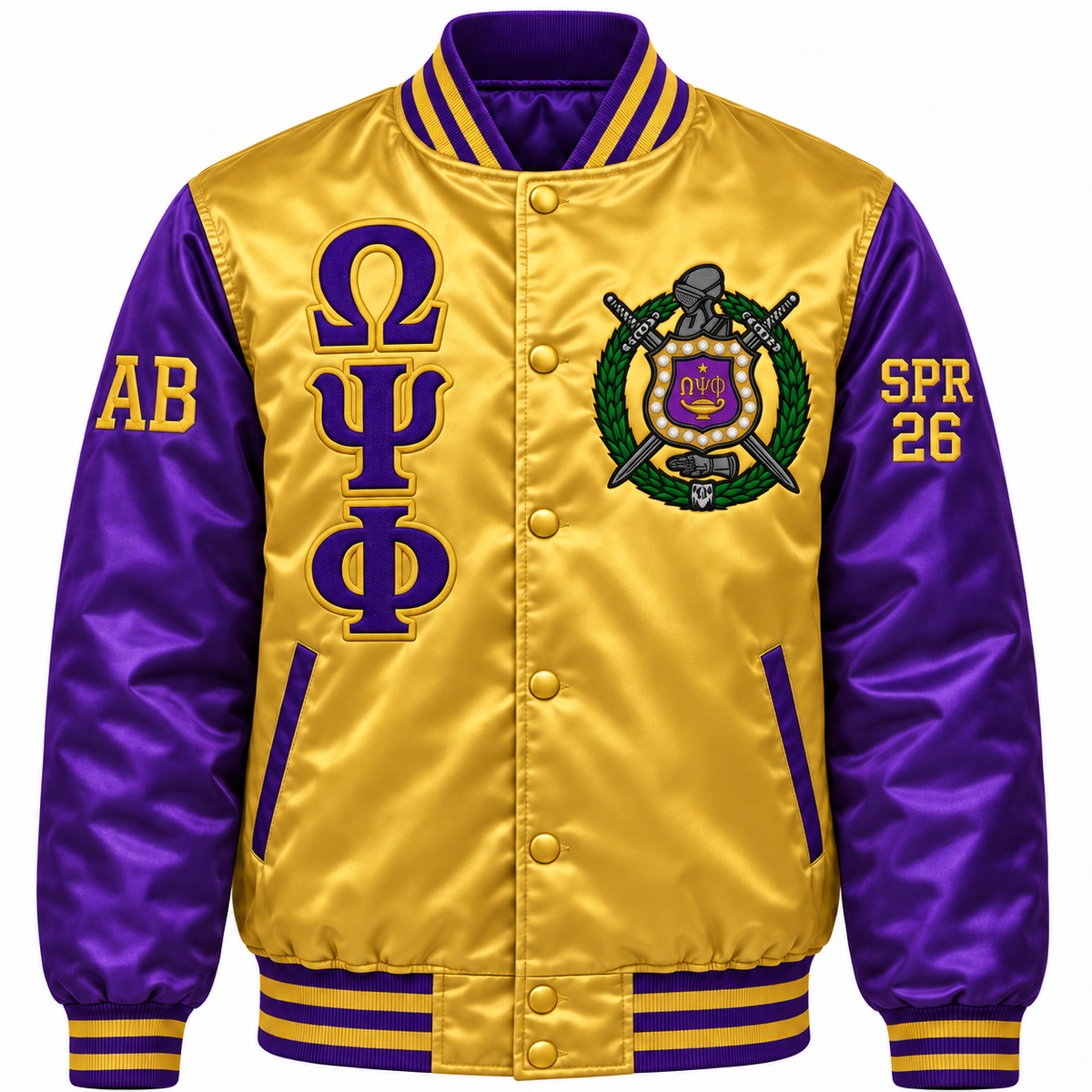 Omega Psi Phi Custom Embroidered Satin Bomber Jacket | Gold & Purple — full front embroidery sample