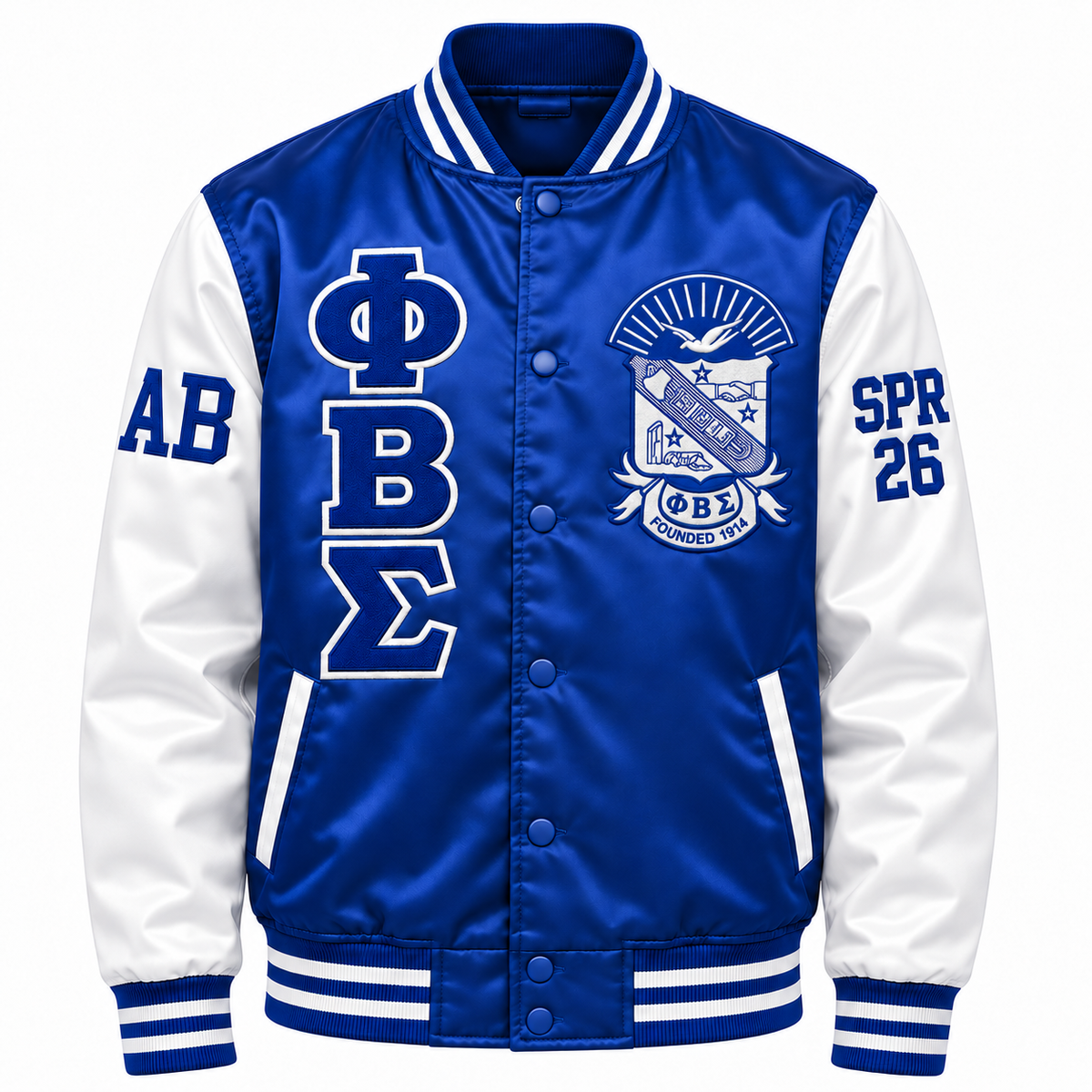 Phi Beta Sigma Custom Embroidered Satin Bomber Jacket | Royal Blue & White — full front embroidery sample