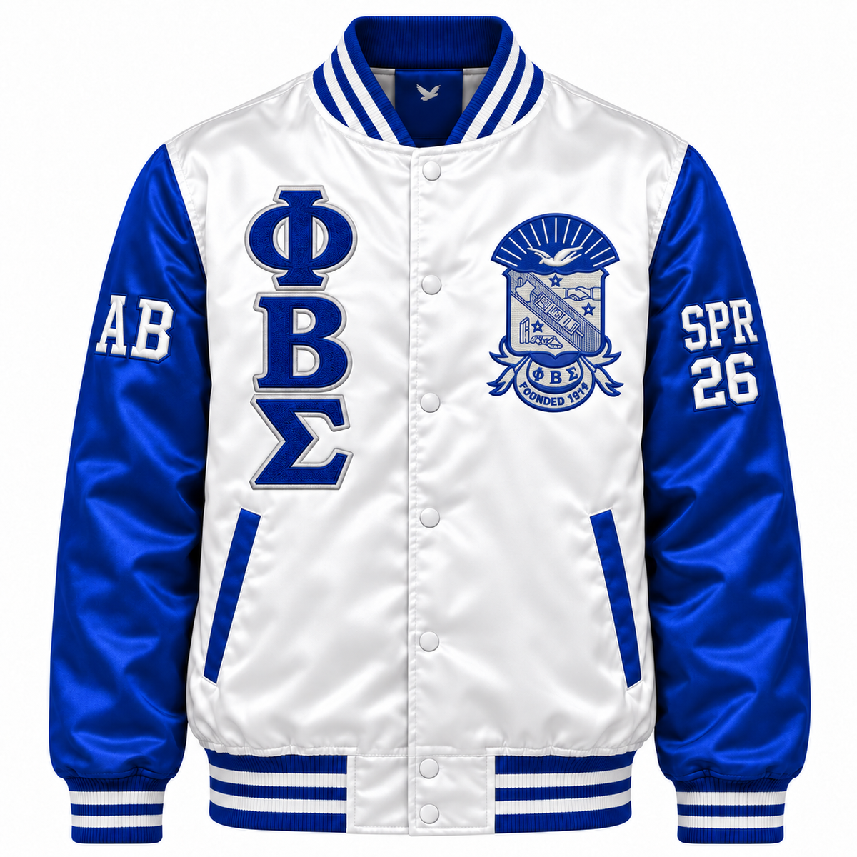 Phi Beta Sigma Custom Embroidered Satin Bomber Jacket | White & Royal Blue — full front embroidery sample