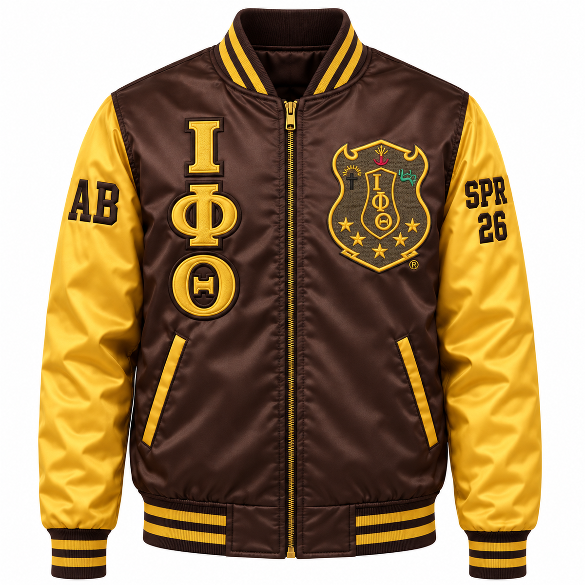 Iota Phi Theta Custom Embroidered Satin Bomber Jacket | Brown & Gold — full front embroidery sample
