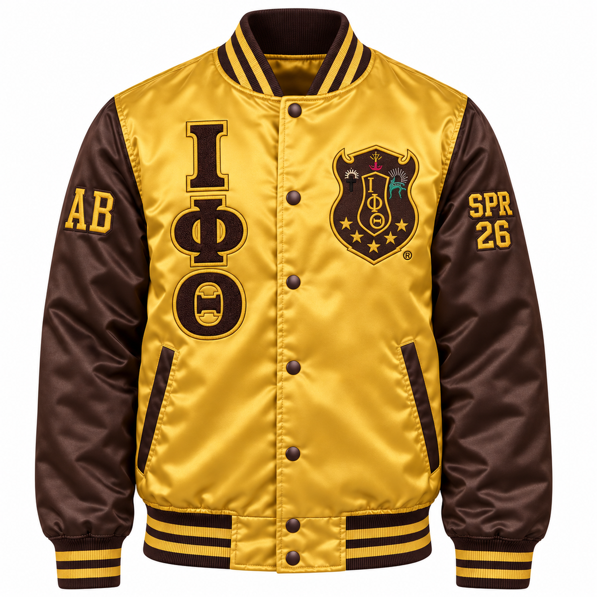 Iota Phi Theta Custom Embroidered Satin Bomber Jacket | Gold & Brown — full front embroidery sample