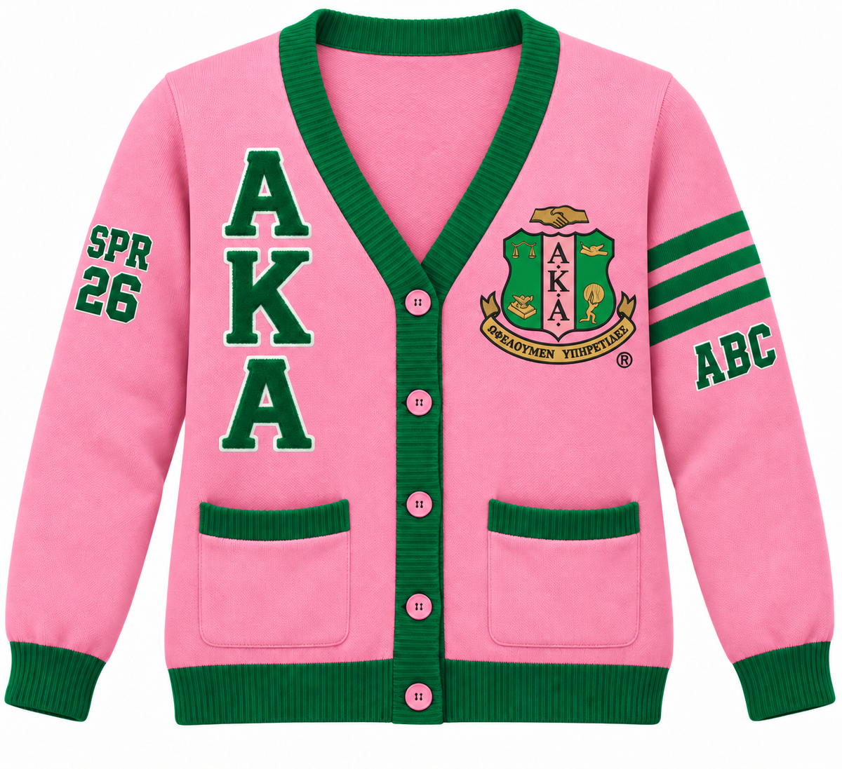 Alpha Kappa Alpha Custom Embroidered Cardigan | Pink & Green — full front embroidery sample