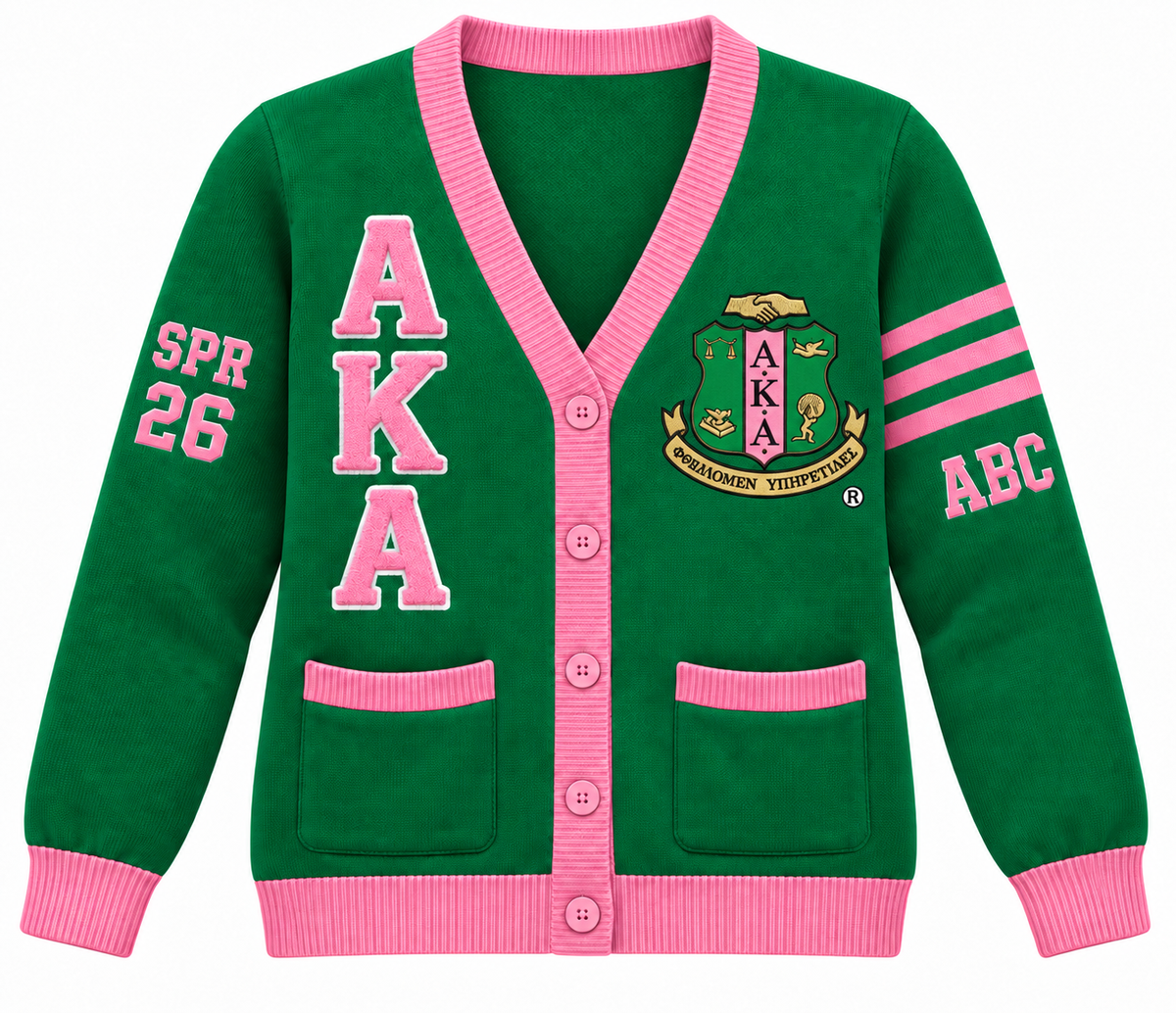 Alpha Kappa Alpha Custom Embroidered Cardigan | Green & Pink — full front embroidery sample
