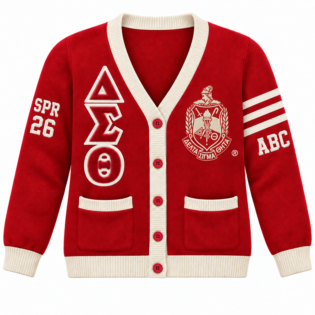 Delta Sigma Theta Custom Embroidered Cardigan | Crimson & Cream — full front embroidery sample