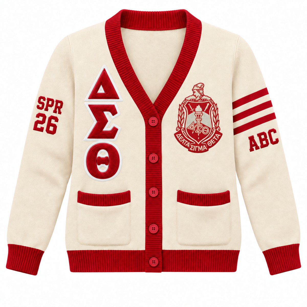 Delta Sigma Theta Custom Embroidered Cardigan | Cream & Crimson — full front embroidery sample