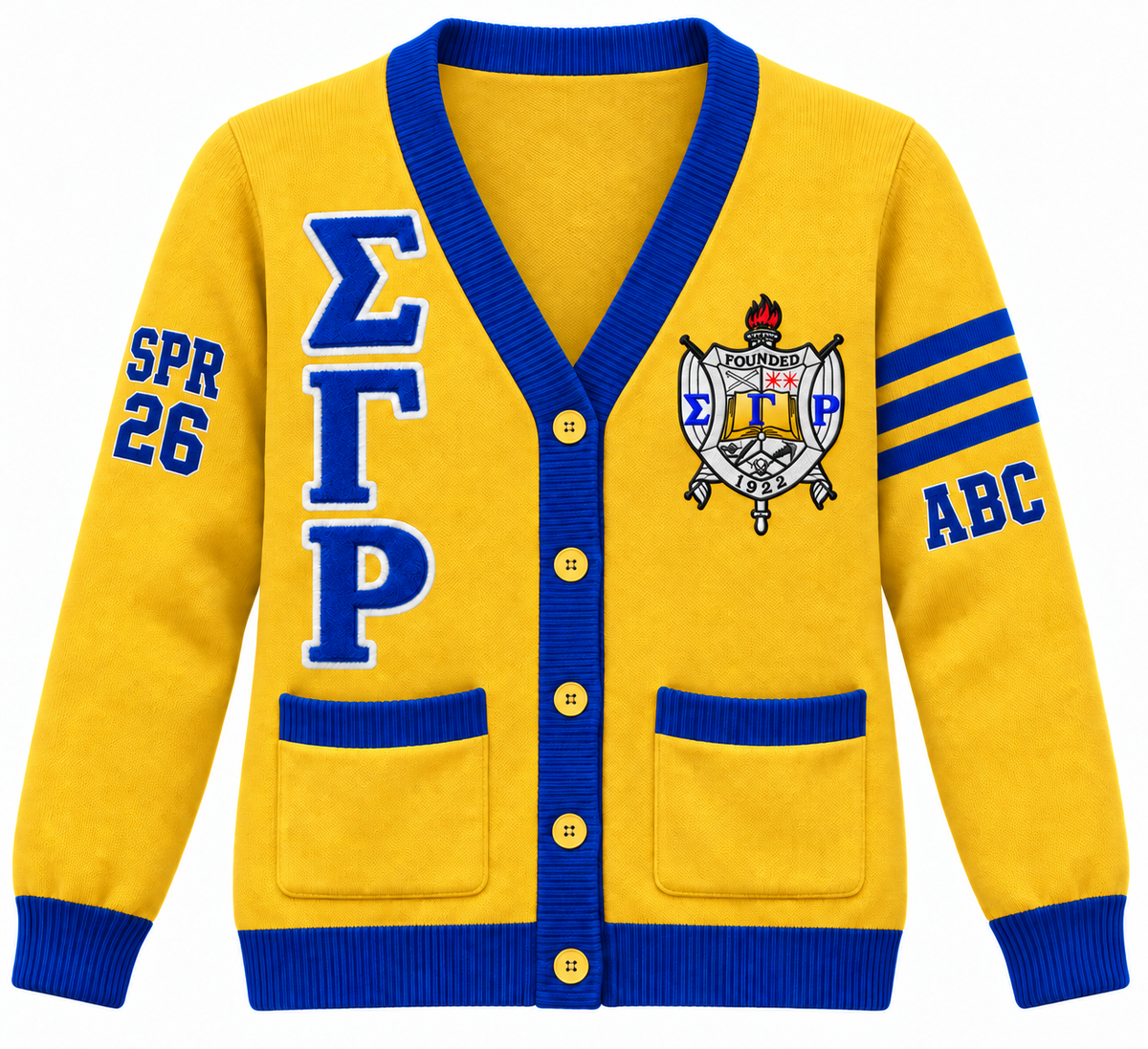 Sigma Gamma Rho Custom Embroidered Cardigan | Gold & Royal Blue — full front embroidery sample