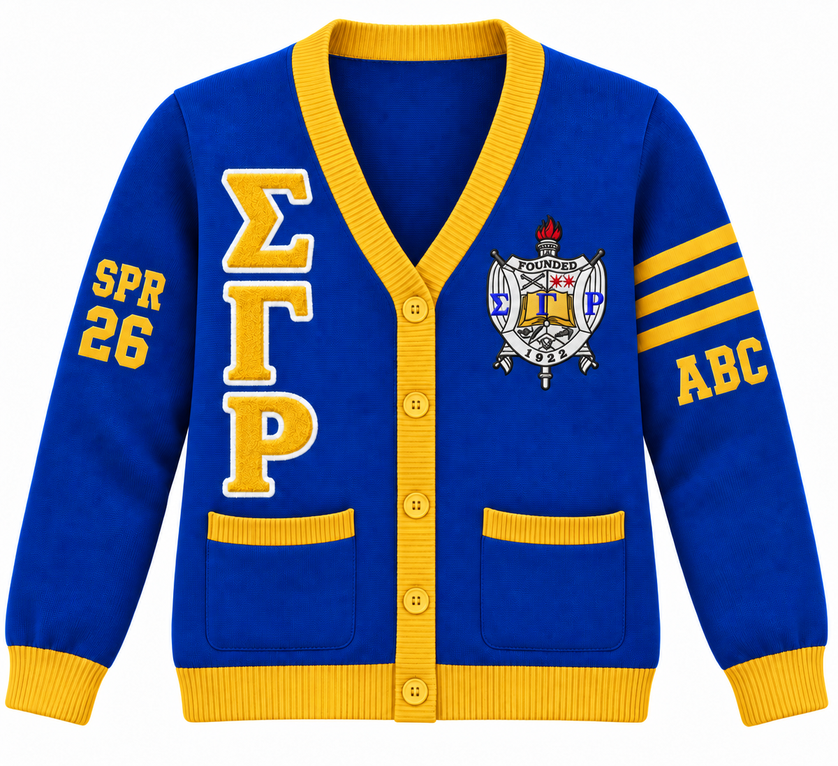 Sigma Gamma Rho Custom Embroidered Cardigan | Royal Blue & Gold — full front embroidery sample