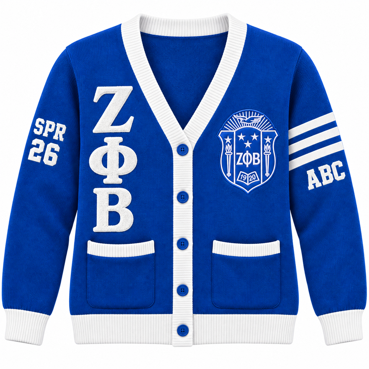 Zeta Phi Beta Custom Embroidered Cardigan | Royal Blue & White — full front embroidery sample