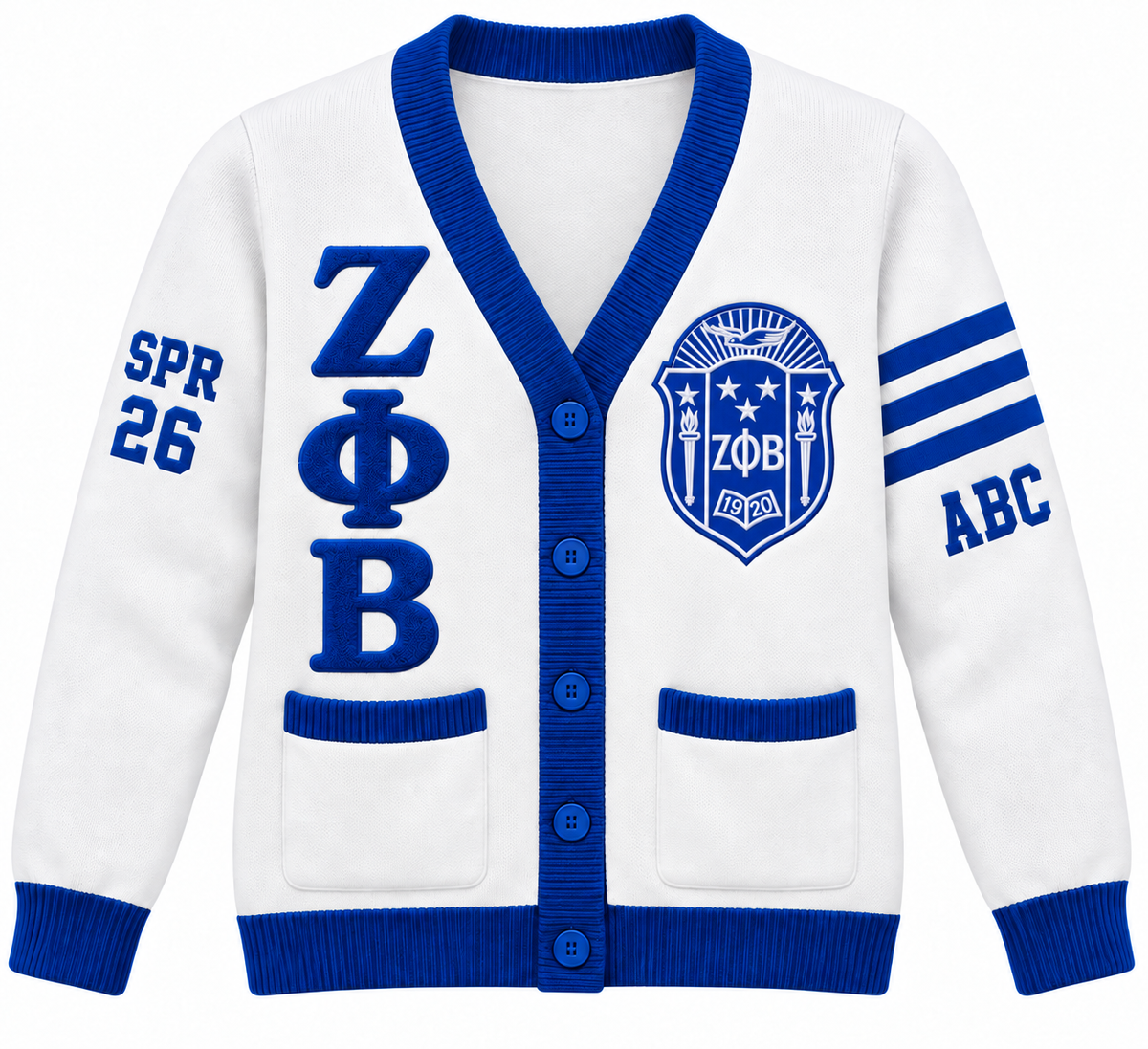 Zeta Phi Beta Custom Embroidered Cardigan | White & Royal Blue — full front embroidery sample