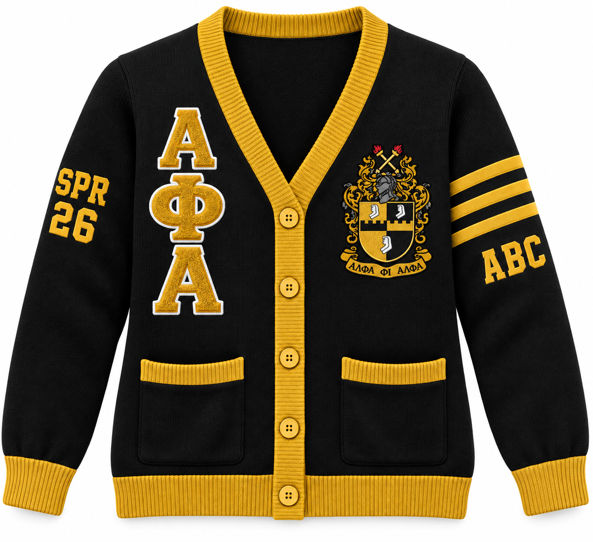 Alpha Phi Alpha Custom Embroidered Cardigan | Black & Gold — full front embroidery sample