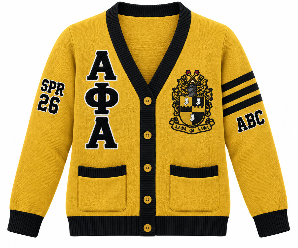 Alpha Phi Alpha Custom Embroidered Cardigan | Gold & Black — full front embroidery sample
