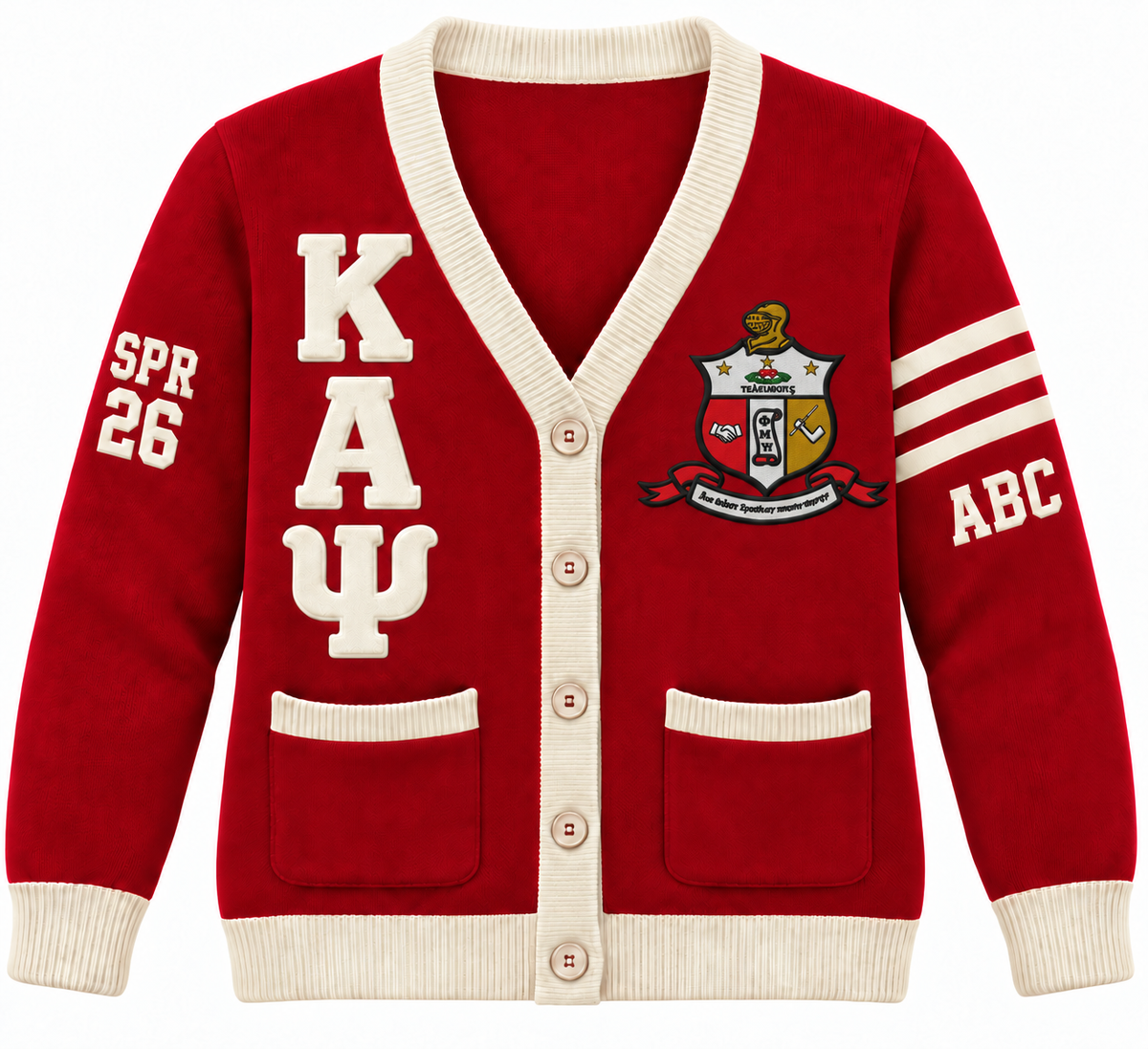 Kappa Alpha Psi Custom Embroidered Cardigan | Crimson & Cream — full front embroidery sample