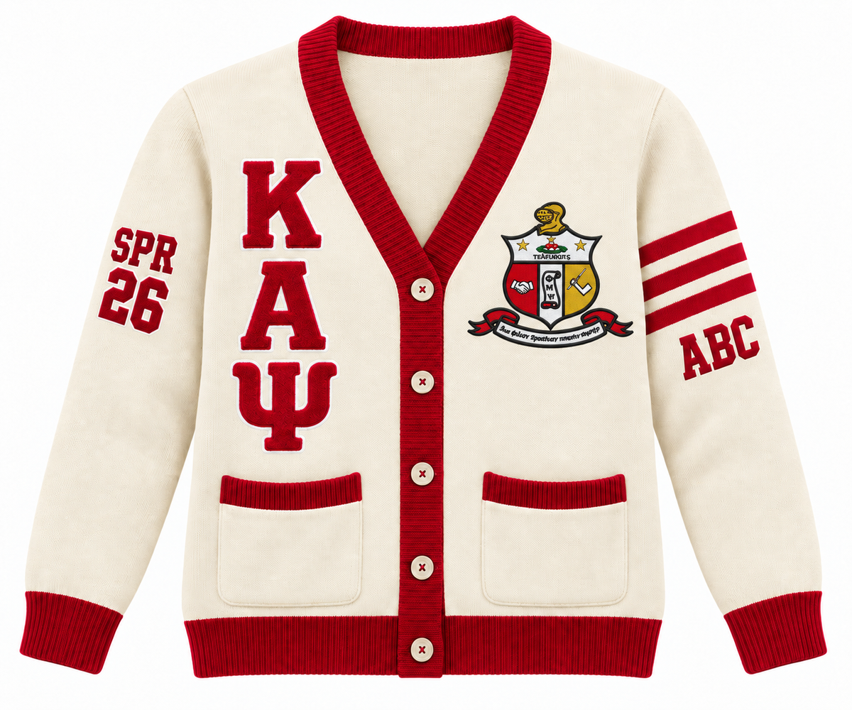 Kappa Alpha Psi Custom Embroidered Cardigan | Cream & Crimson — full front embroidery sample