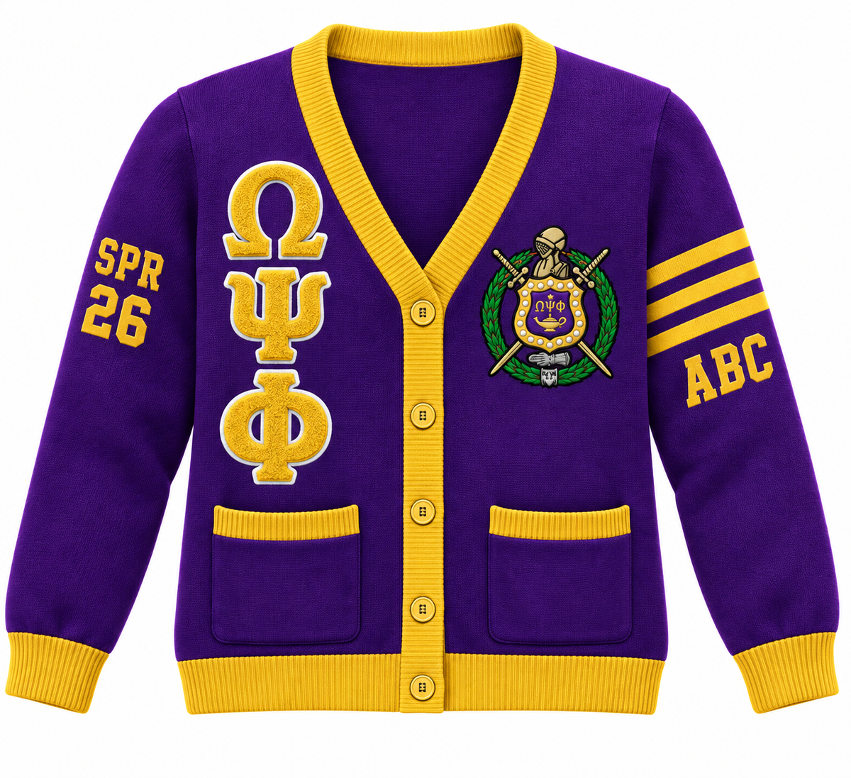 Omega Psi Phi Custom Embroidered Cardigan | Purple & Gold — full front embroidery sample