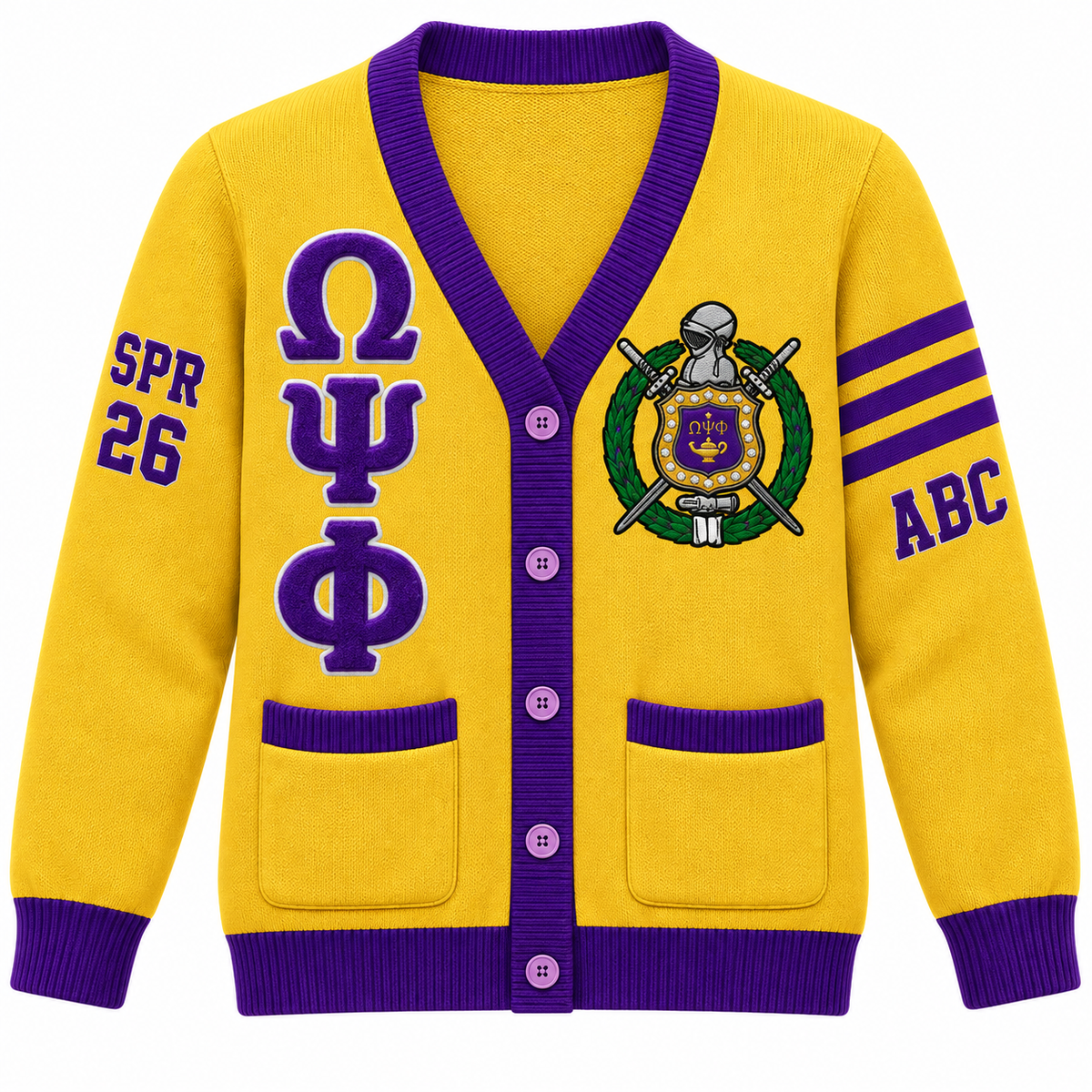 Omega Psi Phi Custom Embroidered Cardigan | Gold & Purple — full front embroidery sample