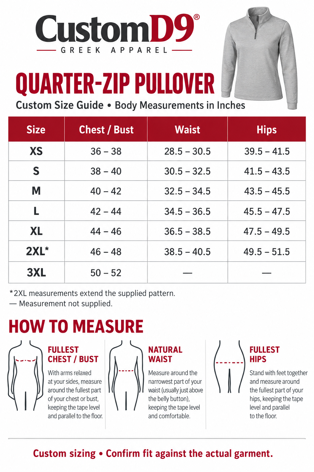 CustomD9 quarter-zip pullover size chart XS–3XL; body measurements in inches