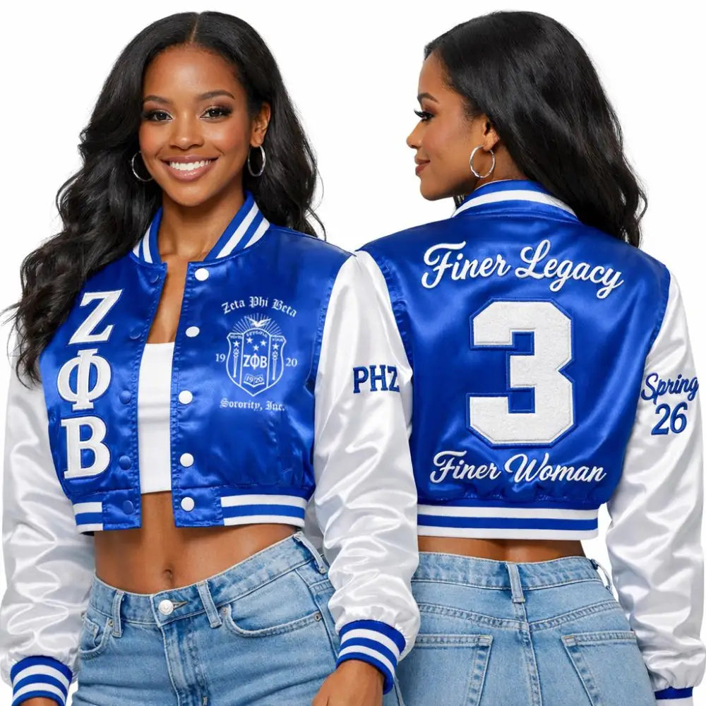 Custom Custom Customized Zeta Phi Beta Cropped Satin Jacket Crop Bomber Jacket Personalized with Line Name Number & Year, Finer Woman Discount for Chapter | Custom D9 personalized Greek apparel design