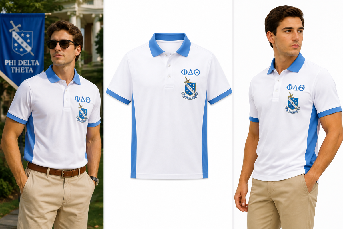 2 Tone Azure Blue & Argent White Phi Delta Theta Custom Embroidered Polo – Personalized