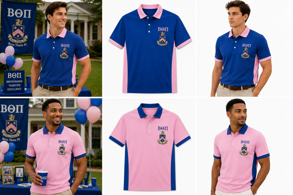 2 Tone Delicate Pink & Blue Beta Theta Pi Custom Embroidered Polo Shirt – Personalized