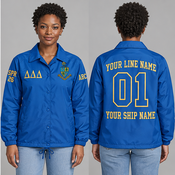 Delta Delta Delta Cerulean Blue and Gold personalized coach line jacket on an adult model, original supplied crest and ΔΔΔ letters, sample line name, line number 01, ship name, crossing year and chapter initials.