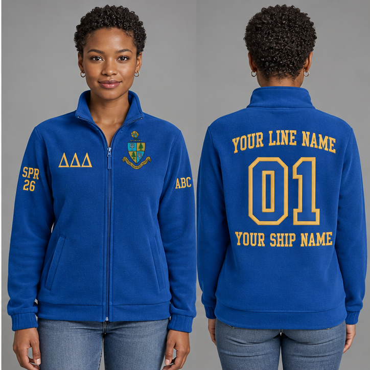 Delta Delta Delta Cerulean Blue and Gold personalized full-zip sweatshirt on an adult model, original supplied crest and ΔΔΔ letters, sample line name, line number01, ship name, crossing year and chapter initials.