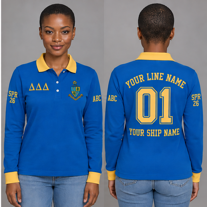 Delta Delta Delta Cerulean Blue and Gold long sleeve chapter polo on an adult model, original supplied crest and ΔΔΔ letters, sample line name, number 01, ship name, crossing year and chapter initials.