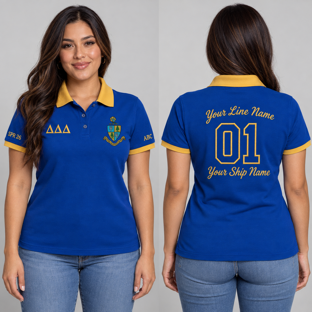Delta Delta Delta Cerulean Blue and Gold personalized chapter polo on an adult model, supplied original crest and ΔΔΔ letters, sample line name, 01, ship name and sleeve text.